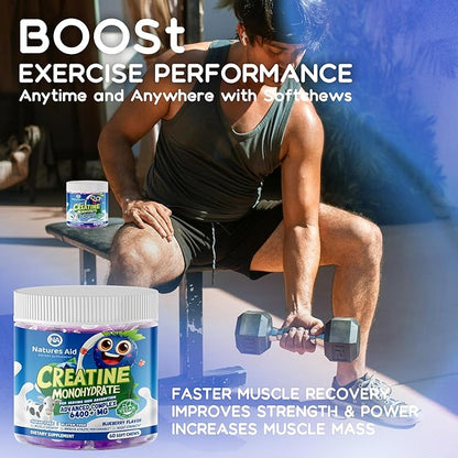 Creatine Monohydrate Chews Complex for Men & Women -Advanced Formula W/L-Taurine + Vitamin B12, Sugar Free Chewable Supplement,60 Blueberry Softchews