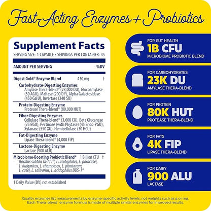 Enzymedica Digest Gold + Probiotics, 2-in-1 Formula for Gut Health, Digestive Enzymes & 1.5 Billion Active Probiotic Cultures, 45 Count (FFP)
