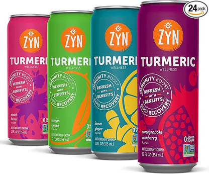 ZYN Turmeric Wellness Drink, Flavored Turmeric Drink, Turmeric Curcumin with Black Pepper, Low Calorie Healthy Energy Drink, Clean, Vegan Soda Alternative for Vitality, Variety Pack of 24