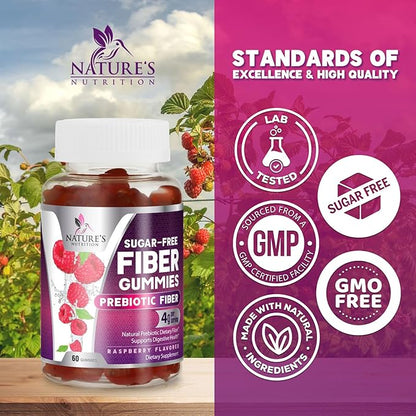 Fiber Supplement Gummies - Sugar-Free Daily Gummy for Adults Digestive Health & Regularity Support - 4g Prebiotic Plant Based Fiber Supplements Blend for Women & Men - Raspberry Flavor - 60 Gummies