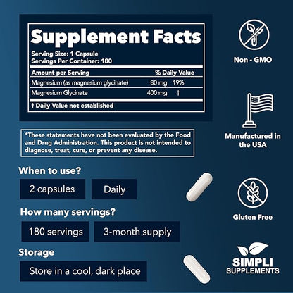 Magnesium Glycinate 400mg | Best High Absorption Magnesium Glycinate for Sleep | Vegan Capsules | 180 Count | Magnesium Glycinate Supplements