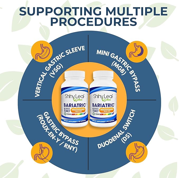 Shiny Leaf Bariatric Multivitamin Without Iron - Vitamins for Gastric Bypass & Sleeve, 1 Daily Capsule W Vitamin A, C, D, Biotin, Zinc, B12, K, Vegetarian, Soy-Free, GMP Cert., Made in USA (180 Ct.)