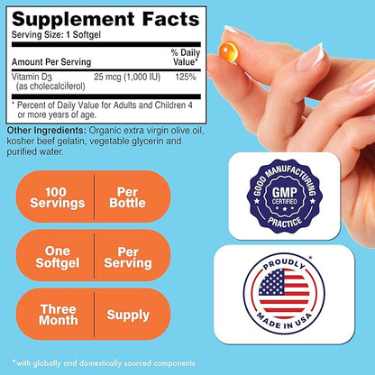 Health Thru Nutrition Vitamin D3 1,000iu 100 Mini Softgels for Maximum Benefit | 25mcg Cholecalciferol | 3rd Party Tested | Non-GMO USP Grade in Organic EVOO | Immune Health Support