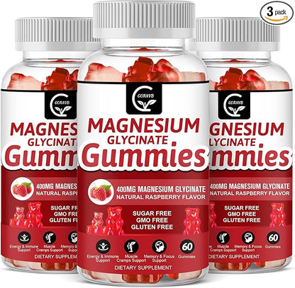 Magnesium Glycinate Gummies 400mg, Mg Potassium Supplement with Chelated Magnesium Malate Complex, Vitamin D, B6, and CoQ10, Supports for Memory, Calm, Mood & Sleep - 60 Count (Pack of 3)