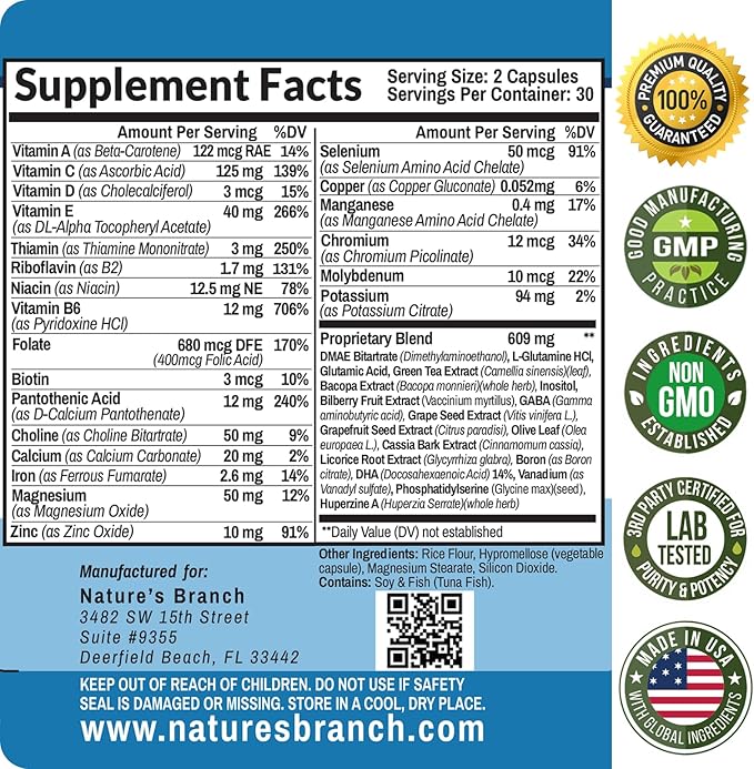 40-in-1 Brain Booster Supplement for Focus, Memory, Clarity, Energy | Advanced Vitamins Plus eBook | for Men & Women, Cognitive Function Nootropic Support with DMAE, Mind Health Formula | 60 Capsules