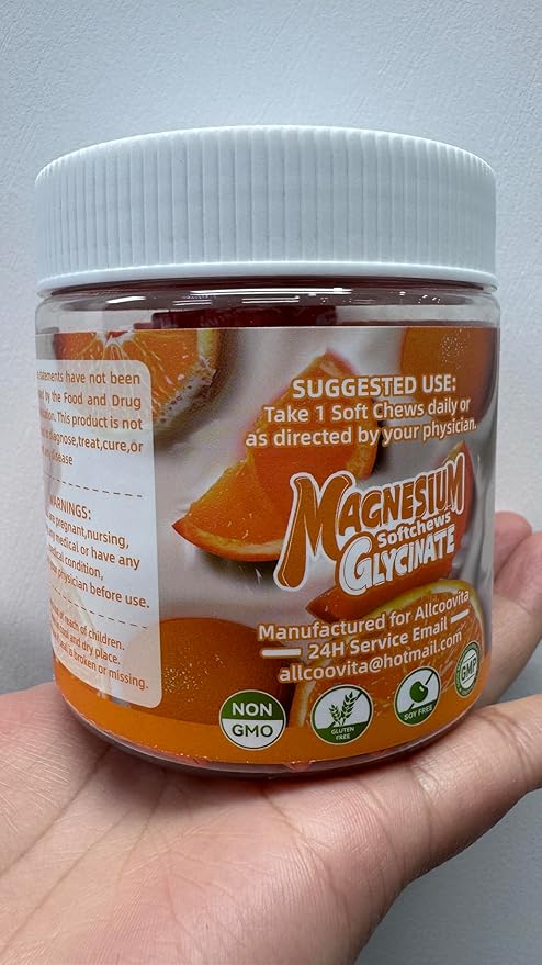 Magnesium Glycinate Soft Chews, Orange Flavor.Chewable Sugar Free Potassium Magnesium Chews with Magnesium Glycinate, Vitamin D, B6, and CoQ10 for Calm Support & Sleep for Adults, 60 Days Supply