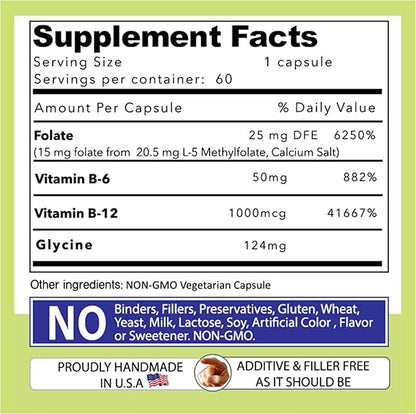 Our Daily Vites L-Methylfolate B Complex Cofactors & Essential Amino Acids (15mg) - Active Folate, Methylated B12 Methylcobalamin, B6 and Glycine - 60 Count