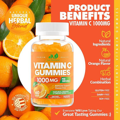 Vitamin C Gummies 1000mg for Adults & Kids – Chewable Multivitamin with Zinc for Immune System & Collagen Support for Skin – Orange Flavor – Gluten Free, Non-GMO, Vegetarian – 60 Gummies