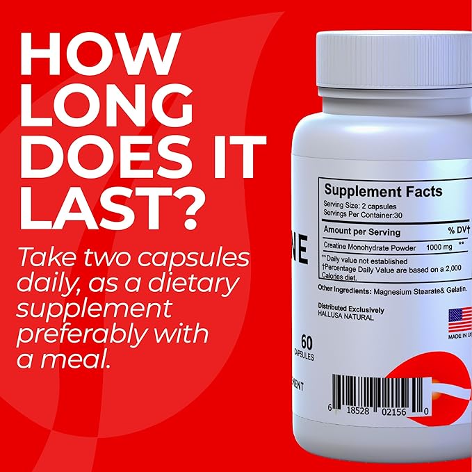 Creatina Monohidratada - Resistencia Muscular - Recuperación Muscular - Masa Muscular - Suplemento para ejercicio - CREATINA 60 CAPSULAS 1000 MG