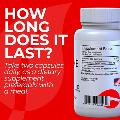 Creatina Monohidratada - Resistencia Muscular - Recuperación Muscular - Masa Muscular - Suplemento para ejercicio - CREATINA 60 CAPSULAS 1000 MG
