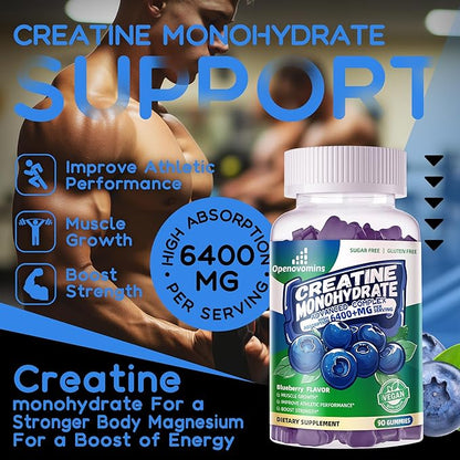Creatine Monohydrate Gummies Complex for Men & Women -Advanced Formula W/L-Taurine + Vitamin B12, Sugar Free Chewable Supplement,90 Blueberry Gummies