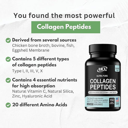 Collagen Peptides Powder with Vitamin C & Hyaluronic Acid - Organic Cleanest Sources & Super High Absorption - Hydrolyzed Multi Type I, II, III, V, X - Skin Hair Supplement (capsules)