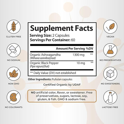 Ashwagandha with Black Pepper for Enhanced Absorption - Certified Organic, Non-GMO, Gluten-Free - Supports Mood and Energy, Supports Rest and Relaxation - 120 Vegan Capsules
