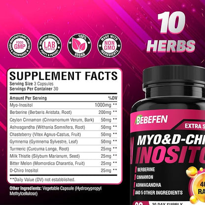BEBEFEN Inositol Supplement - Myo-Inositol and D-Chiro Inositol Ideal 40:1 Ratio - Plus Berberine, Cinnamon, Ashwagandha + 5 More - 90 Capsules