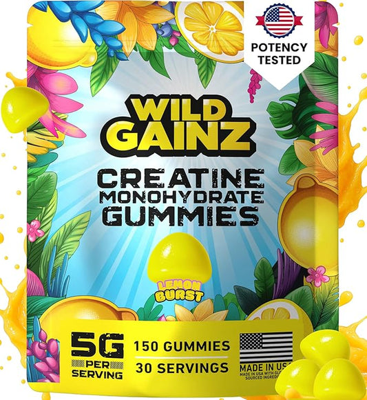 Creatine Monohydrate Gummies for Men & Women 5000mg - Made in USA, Potency Tested, Vegan, Supports Muscle Growth, Strength & Cognitive Function, Non-GMO Gluten-Free Lemon Flavored Creatine 150 Chews