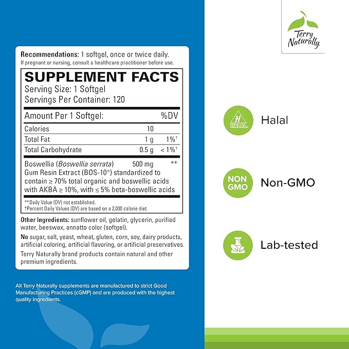 Terry Naturally BosMed 500 Extra Strength - Boswellia Serrata Extract Supplement - Supplement for Healthy Lung Support - Herbal Supplement Formula with High Levels of AKBA - 120 Softgels