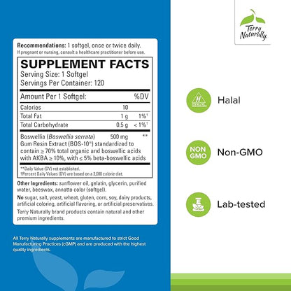 Terry Naturally BosMed 500 Extra Strength - Boswellia Serrata Extract Supplement - Supplement for Healthy Lung Support - Herbal Supplement Formula with High Levels of AKBA - 120 Softgels