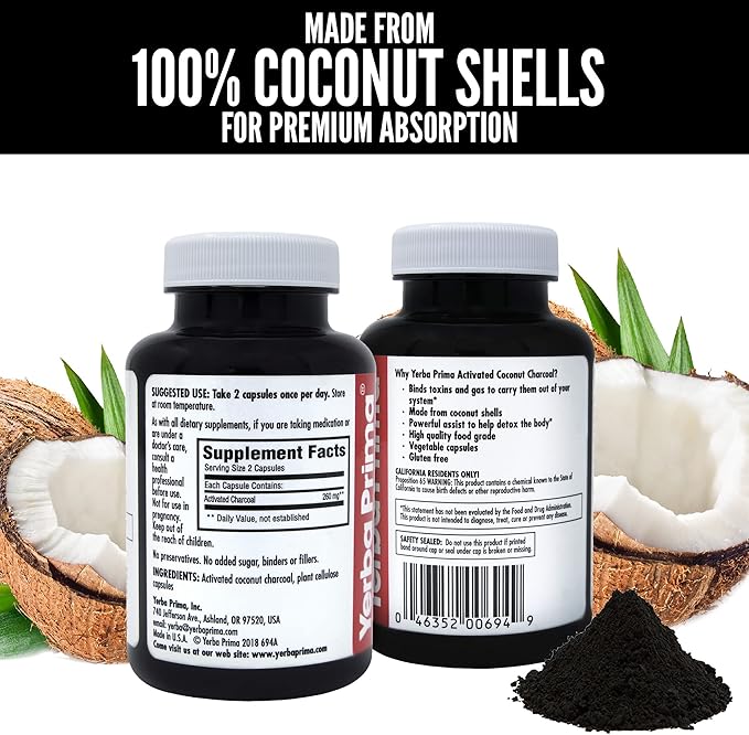 Yerba Prima Activated Coconut Charcoal, 60 Capsules - Natural Detox - Vegetarian, Vegan, Gluten Free, Non GMO