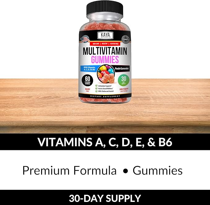 Kaya Naturals Adult Multi Vitamin Gummy, Biotin, Vitamin A, C & E, Including Zinc &Vitamin B-12, Folic Acid, Strawberry Flavor | Gluten-Free multivitamins Sweet Adult Gummies - 60 Gummies