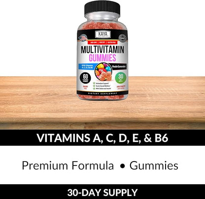 Kaya Naturals Adult Multi Vitamin Gummy, Biotin, Vitamin A, C & E, Including Zinc &Vitamin B-12, Folic Acid, Strawberry Flavor | Gluten-Free multivitamins Sweet Adult Gummies - 60 Gummies