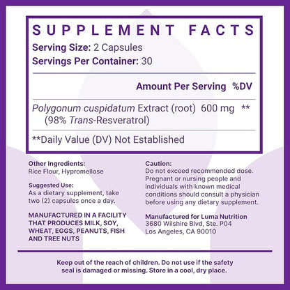 Luma Nutrition High Purity Resveratrol Supplement 1200mg Serving - 98% Trans-Resveratrol - Antioxidant - Vegan & Gluten-Free - 60 Capsules