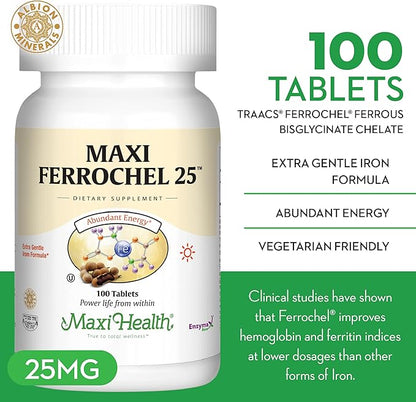 Maxi Health Iron Supplement - Gentle Iron Supplements for Men & Women - Ferrous Fumarate - Ferrochel 25 MG for Anemia & Red Blood Cell Production - Chelated Iron Pills - 100 Kosher Tablets