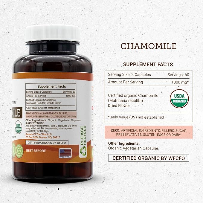 Chamomile USDA Organic 120 Capsules | High-Potency Herbal Organic Capsules | Made with Organic Vegetarian Capsules and Organic Chamomile (Matricaria recutita) Dried Flower (120 Capsules)