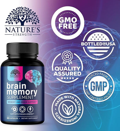 Brain Supplements for Memory and Focus - Advanced Cognitive Formula to Support Concentration, Energy, Clarity - Brain Health Memory Vitamins with Bacopa, Phosphatidylserine, DMAE & More - 60 Capsules