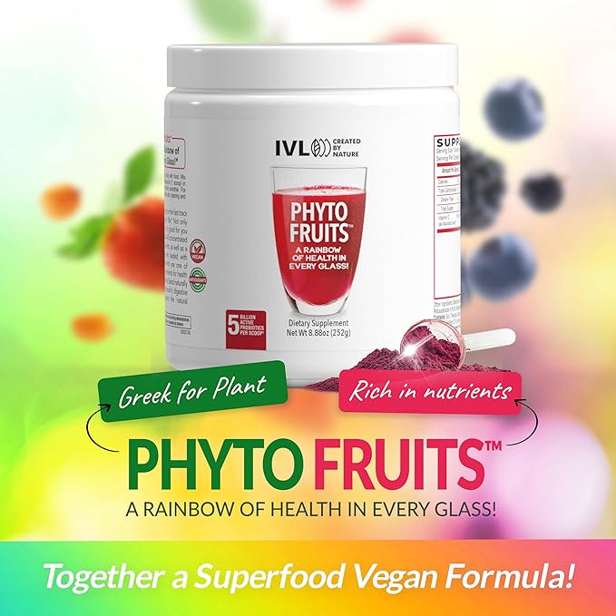 IVL - Phyto Fruits Superfood Powder - Support Energy - Digestive & Probiotic - Antioxidant - Vegan - 40 Fruits and Nutrients Plus 6 Probiotic Strains (30 Servings, 8.88 oz)