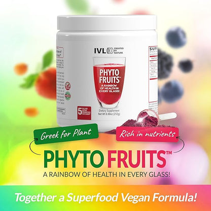 IVL - Phyto Fruits Superfood Powder - Support Energy - Digestive & Probiotic - Antioxidant - Vegan - 40 Fruits and Nutrients Plus 6 Probiotic Strains (30 Servings, 8.88 oz)
