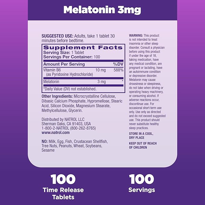 Natrol Melatonin 3 mg Time Release, Dietary Supplement to Minimize Wake Ups, Nighttime Sleep Aid, 100 Tablets, Up to a 100 Day Supply