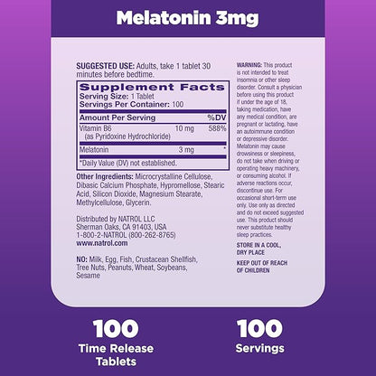Natrol Melatonin 3 mg Time Release, Dietary Supplement to Minimize Wake Ups, Nighttime Sleep Aid, 100 Tablets, Up to a 100 Day Supply