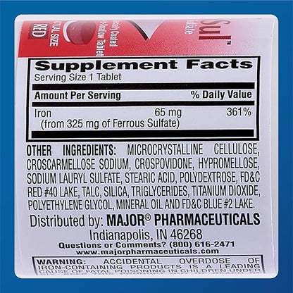 MAJOR Ferosul - Ferrous Sulfate 325mg Tablets with 65mg of Elemental Iron - Iron Supplement for Women, Men - Red - 100 Tablets (3 Pack)
