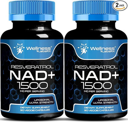 NAD Supplement, 1500mg - Liposomal NAD+ Supplement with Resveratrol, NAD Plus Boosting - Support Cellular Health, Stamina & Healthy Aging - Ultra Strength Capsules, USA Made - 2 Pack