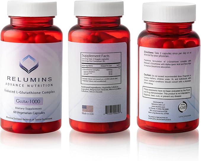 Relumins L Glutathione Supplement Complex - Reduced Glutathione 1000mg with Alpha Lipoic Acid & Rose HIPS Capsules for Nourished & Smoother Skin, 60 Caps