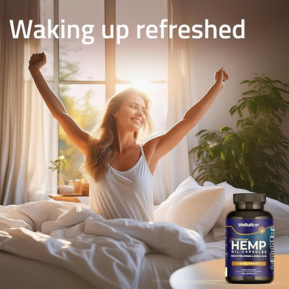 WELLUTION Hemp Oil Capsules - 120 Count - Stress & Sleep Support with Ashwagandha & Melatonin - Made in USA