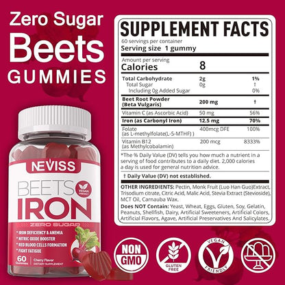 Beet Root Gummies with Iron, Methyl B12, Folate, Vitamin C, Increase Nitric Oxide & Iron Levels, Energy Support, Fight Fatigue, Beetroot & Gentle Iron Supplement for Women Men, Sugar Free, 120 Counts