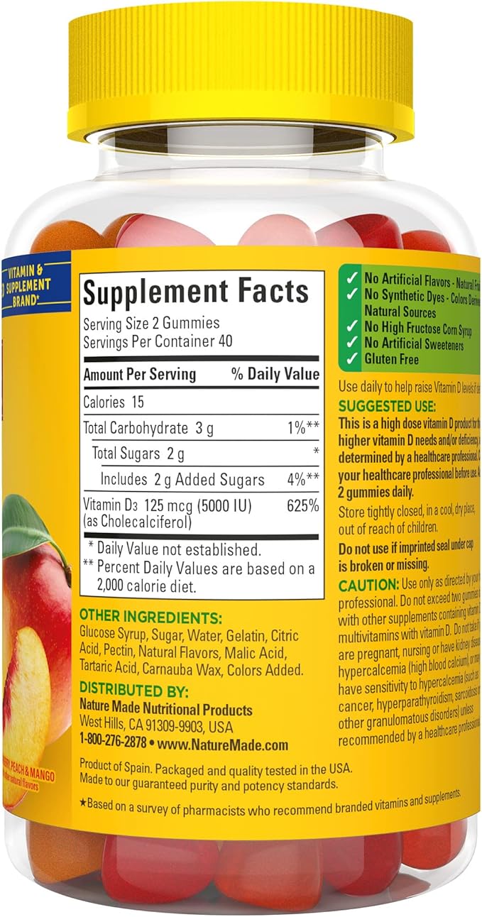 Nature Made Extra Strength Vitamin D3 5000 IU (125 mcg) per serving, Dietary Supplement for Bone, Teeth, Muscle and Immune Health Support, 80 Gummies, 40 Day Supply