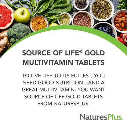 NaturesPlus Source of Life Gold Multivitamin - 180 Tablets - Blood Support, Bone Support, Healthy Immune System - Includes Vitamins D3, B12, K2 & Over 120 Whole Food Nutrients - 60 Servings