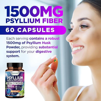 Psyllium Husk Capsules 1500mg - Fiber Supplement - Natural Soluble Fiber Pills with Psyllium Husk Powder - Supports Digestive Gut and Colon Health - Non-GMO, Gluten-Free, Vegan - 60 Capsules