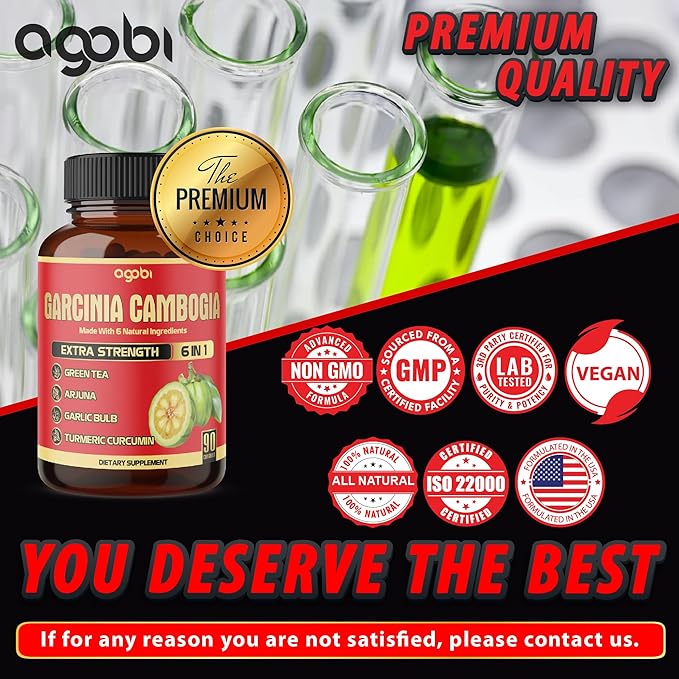 Pure Garcinia Cambogia Capsules - 6in1 with Green Tea, Arjuna, Garlic Bulb, Turmeric & Black Pepper - 90 Counts