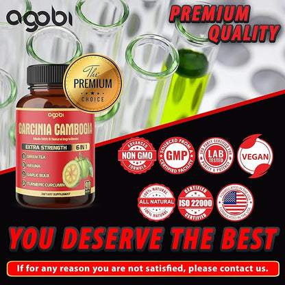 Pure Garcinia Cambogia Capsules - 6in1 with Green Tea, Arjuna, Garlic Bulb, Turmeric & Black Pepper - 90 Counts