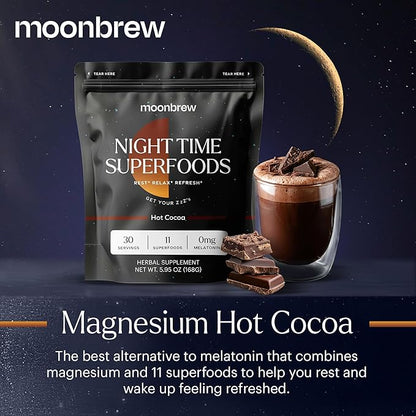 MoonBrew Nighttime Magnesium Hot Cocoa, Natural Sleep Aid Drink Mix for Adults - Calming Melatonin-Free Sleep Support - Sleepy Hot Chocolate Powder with L-Theanine, Chamomile & Zinc Glycinate