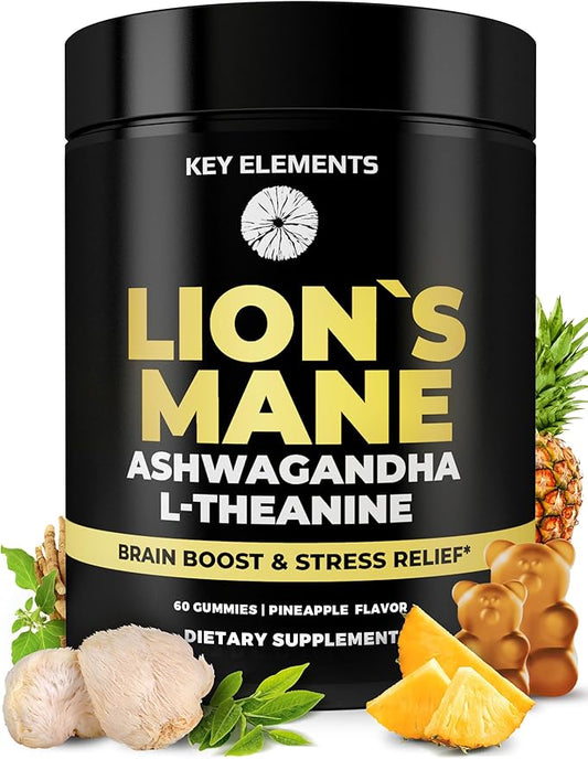 KEY ELEMENTS High Strength Extract Organic Lion's Mane Mushroom Gummies with Ashwagandha & L-Theanine - Potent Lion's Mane Brain Supplements for Memory & Relaxation - Mushroom Gummies for Focus