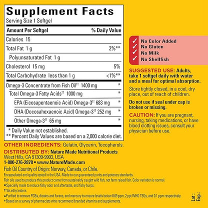 Nature Made Burp Less Ultra Omega 3 Fish Oil Supplements, 1400mg Fish Oil Omega 3 Supplements as Ethyl Esters for Healthy Heart Brain Eyes Support, One Per Day, 90 Softgels