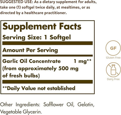 Solgar Garlic Oil Perles, 250 Softgels - Natural Cardiovascular Support - Garlic Oil Concentrate, Reduced Odor - Gluten Free, Dairy Free - 250 Servings