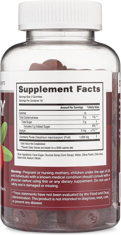 Cranberry Gummies Supplement for Women, Men, and Kids (100 Count, 1000mg) Cranberry Gummies for Urinary Tract Health Made in The USA