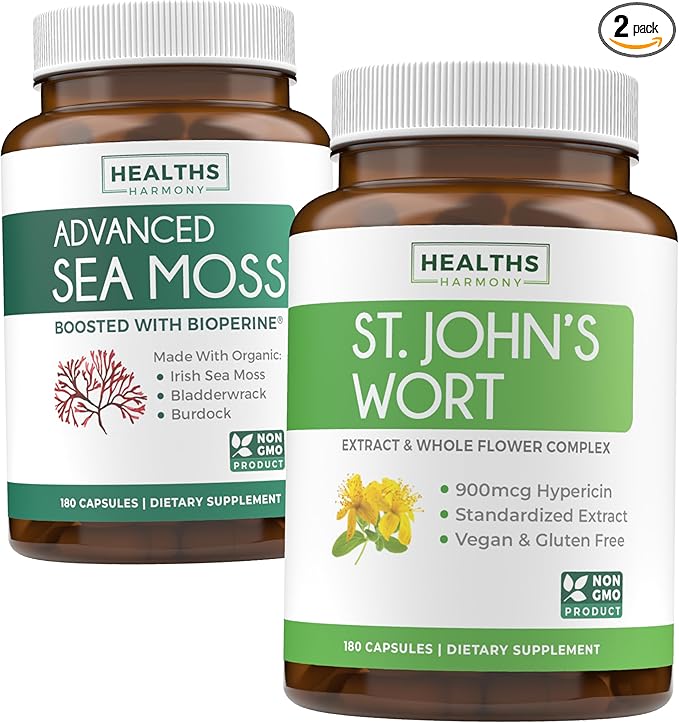 Sea Moss & St. John's Wort (2-Month Supply) Mood Moss Blend - Organic Irish Sea Moss - Raw Vegan Supplement (180 Caps) & St John's Wort with Powerful 900mcg Hypericin Vegan Non-GMO (180 Capsules)