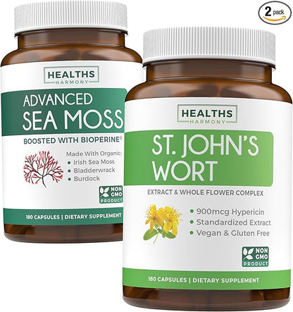 Sea Moss & St. John's Wort (2-Month Supply) Mood Moss Blend - Organic Irish Sea Moss - Raw Vegan Supplement (180 Caps) & St John's Wort with Powerful 900mcg Hypericin Vegan Non-GMO (180 Capsules)