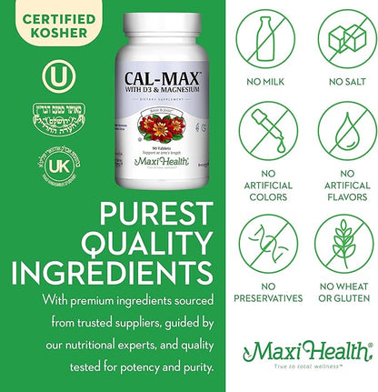 Maxi Health Calcium Magnesium Supplement with Vitamin D3 and Boron - Kosher Bone Health & Nighttime Formula, Calcium Citrate CalMag & Vitamin D (90 Tablets)